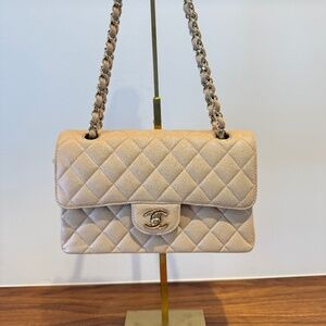CHANEL Caviar Quilted Small Classic Double Flap in Iridescent Beige